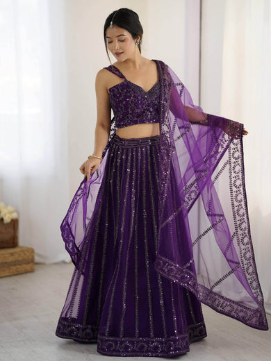 Rich Wine Net Sequins Work Wedding Wear Lehenga Choli With Dupatta